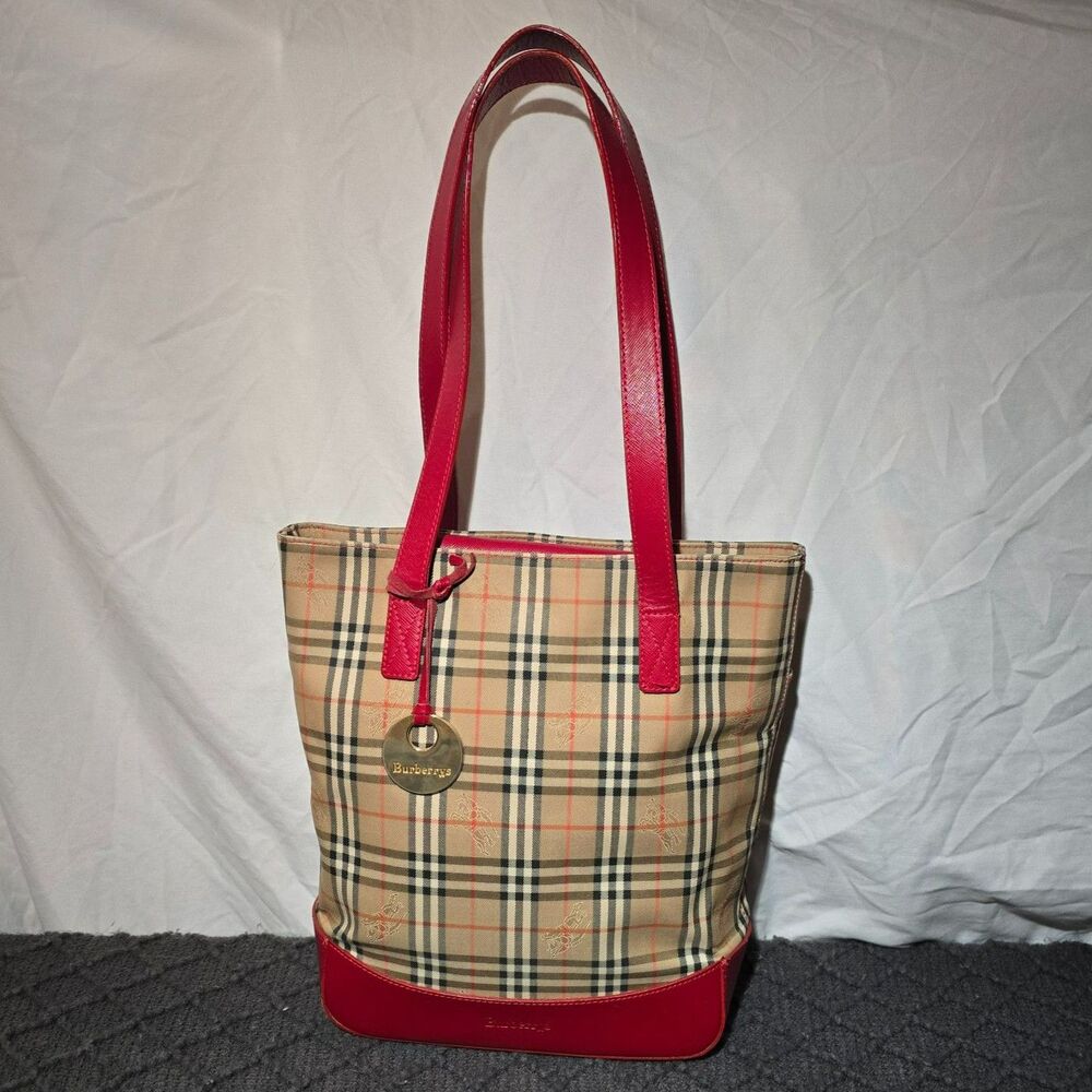 VIntage Burberry Red Haymarket Canvas Pocket Shoulder Bag with COA